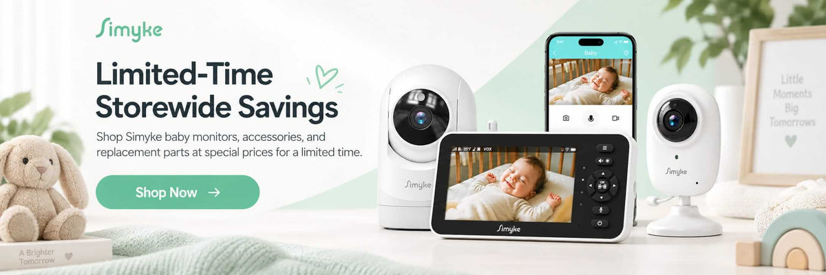 Simyke sitewide sale banner featuring baby monitors with app and parent screen
