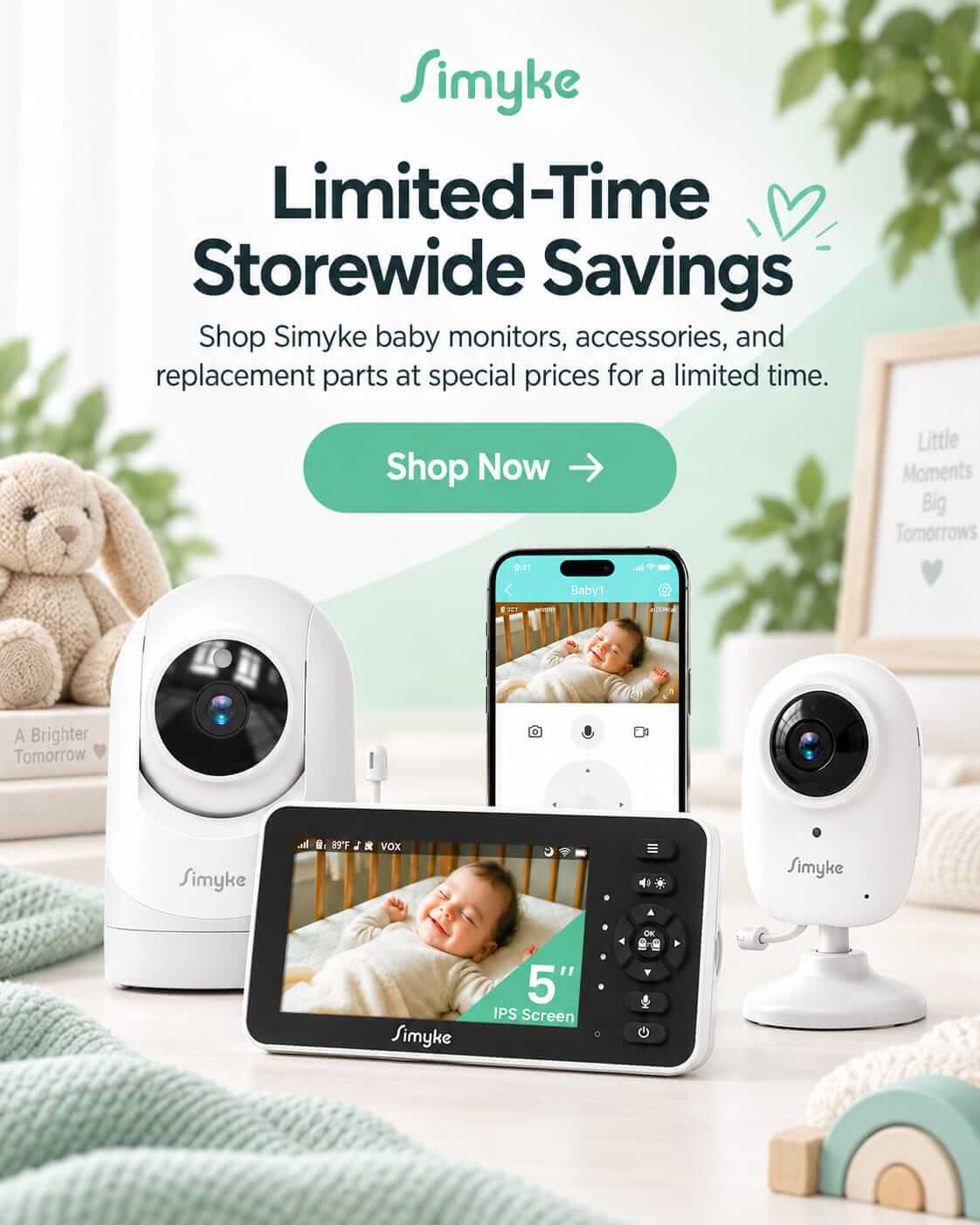 Simyke mobile sale banner featuring baby monitors with app and parent screen